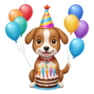 cute dog named Saffie wearing a birthday hat, surrounded by balloons and a cake, cheerful birthday celebration sticker