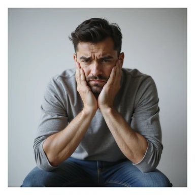 realistic 30-year-old man suffering from anxiety, sitting with knees to chest, worried expression, neutral background sticker
