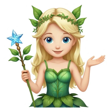 blonde fairy with blue eyes in plant dress with magic wand smiling  sticker