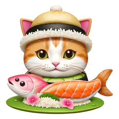 cat wearing a sushi hat with rice base, multiple fish pieces on top, wasabi accent, pink ginger slices, and lots of soy sauce heavily dripping down the sides sticker