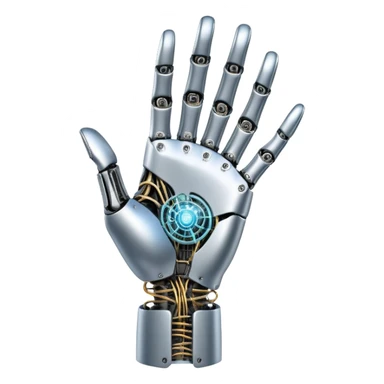 An icon inspired by Da Vinci’s 'The Creation of Adam', featuring a robotic hand reaching out to touch a human hand, symbolizing artificial intelligence. The design includes neural networks, glowing circuits, and a holographic brain. Transparent background sticker