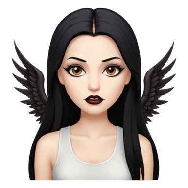 White woman with a white tank top long black hair glossy middle part straight long hair vamp look with fangs brown eyes eyeliner winged with lashes top and bottom white border big lips black eyebrows sticker