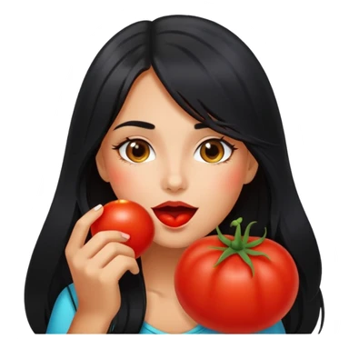Pretty tanned girl with long black hair, eating tomatoes sticker