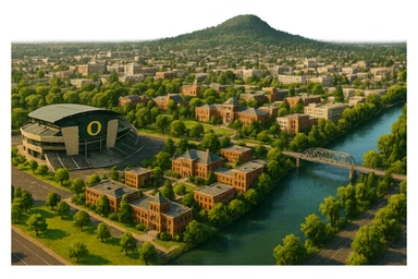 cinematic realistic emoji of Eugene Oregon wide city view with iconic landmarks Autzen Stadium University of Oregon campus Skinner Butte Willamette River lifelike detail accurate colors bright daytime lighting no sky no clouds no city name label transparent background sticker