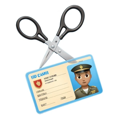Floating black Scissors cutting in half a light blue idf soldier ID card with golden chip in 2 parts .hyper realistic sticker