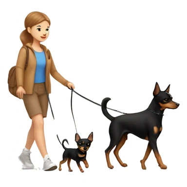 A light brown haired girl, walking one mini black and tan miniature Pinscher and one bigger, fluffy & light brown Spitz on the lead sticker