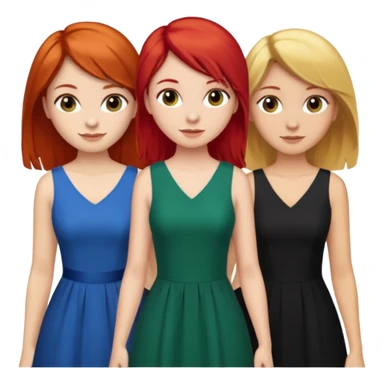 Can you create an image of 3 friends together one with red bright hair light skin one the other with brown hair with some blonde highlights in the hair fair skin the last one with light brown a tint of orange hair and black long hair with brown with dresses sticker