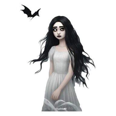 Dramatic girl  goth white pale with dark lighting  with black hair  in river with very very long lace dress  black long hair flying in the wind sad face  white eyes sticker