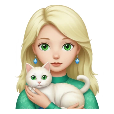 Blonde girl with green eyes holding a white cat with blue and green eyes sticker