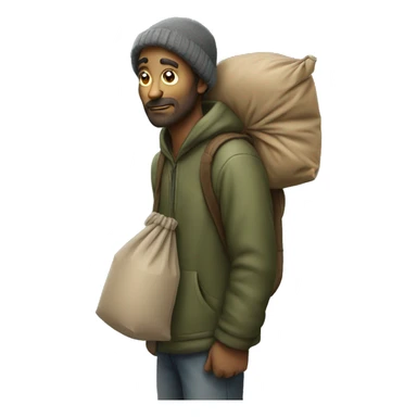 homeless man with bag on stick over shoulder sticker