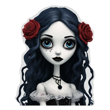 full height with legs, tim burton "corpse bride", porcelain doll with a cracked face, goth makeup watery eyes, long hair, lace and ruffles, lolita style, inked, black and white, red roses sticker