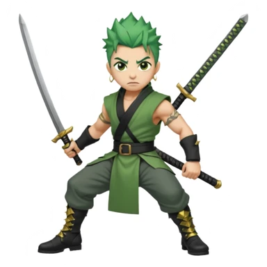Muscular scarred warrior, short spiky moss-green hair, sharp steel-grey eyes, strong jaw, serious stare. Black trousers, boots, green sash with three katanas, open white coat, three gold earrings. Cinematic, ultra-realistic. sticker
