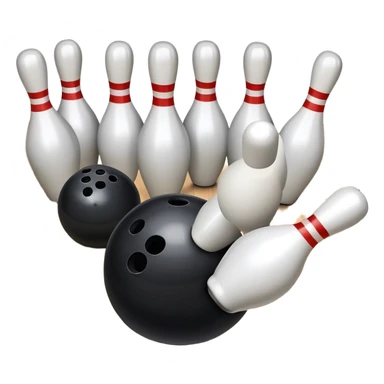 A bowling ball rolling down the lane towards a set of pins, with the pins poised to fall. The scene is set in a bowling alley with bright lights and a polished wooden floor, capturing the excitement and precision of the sport. sticker