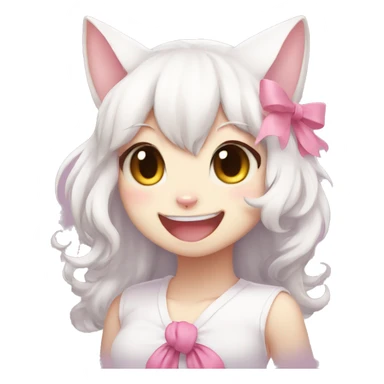 fursona white cat girl with pink bow cute laughing anime sticker