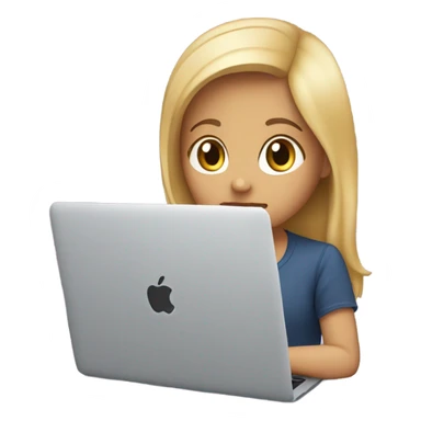 ￼ A beautiful cute girl with blond hair and brown eyes looks at a MacBook laptop sticker