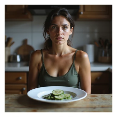 realistic style adult thin woman sitting in front of a plate with only a slice of cucumber, downcast expression, kitchen environment, atmosphere of food restriction sticker