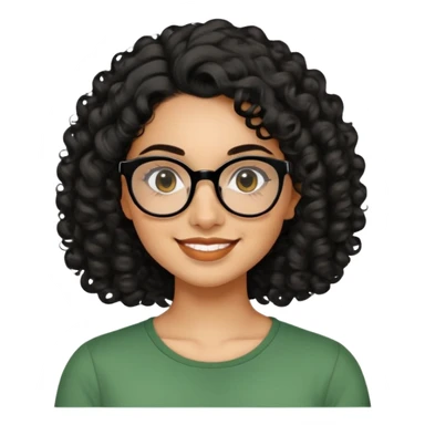 Hispanic woman in her 20s with caramel skin tone. Round face with prominent cheeks and dimples. Dark eyes with black thick-framed glasses. Shoulder-length curly black hair with defined curls. Wide sincere smile. Wearing a green casual top. sticker