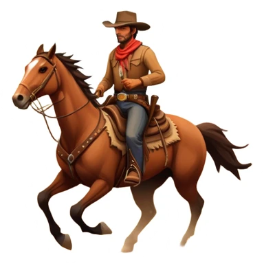 An icon representing an adventure game, inspired by Red Dead Redemption II. The design features a rugged cowboy riding a galloping horse across an open prairie, with towering mesas, cacti, and a golden sunset in the background. The atmosphere conveys freedom, action, and the thrill of the untamed frontier. Transparent background. sticker