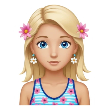 preppy coastal teen girl with blue eyes, beach blonde hair, tan skin, small flowers in her ear, preppy beach outfit sticker