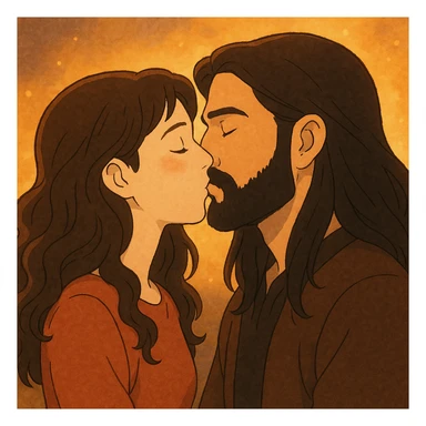ghibli style of a white woman with long dark brown wavy hair and a white man with long hair and black beard kissing, warm light sticker