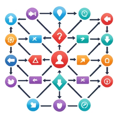 colorful flowchart diagram with many arrows connecting icons sticker