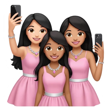 Just 3 besties with professional glammed up looks wearing pink and white, all medium skin tone smiling big with black long hair. Very girly wearing jewelry, taking a selfie  sticker