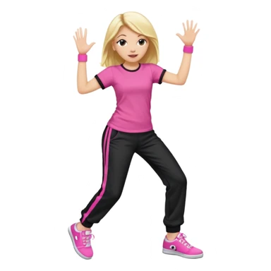 Hiphop dancer, with cute big pants, sneakers, and t-shirt. White girl blond. Coloufull shirt. No pocket pants. Dancing. Pink and black plain outfit. No sweatbands on the wrist, black music box behind her. sticker