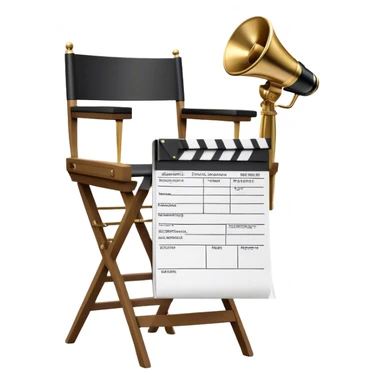 Icon for Directing: a director's chair, a film slate, a megaphone, a stack of script papers and an Oscar statuette. The icon should represent the creative and leadership aspects of directing, with focus on film and theater production. Transparent background. sticker