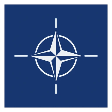 NATO flag with deep blue background and white compass rose emblem in the center, simple and iconic, 2D flat design, no 3D effects, no text sticker
