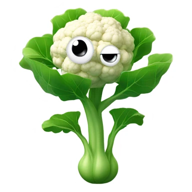 3D cauliflower character with big eyes 👀, a few green leaves 🍃, and leafy hands holding a small mirror 🪞 while gazing into it. The character is floating in the air, no legs visible. sticker
