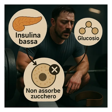 Add clear and legible Italian text to the icons in a realistic and symbolic-medical style: label the pancreas with 'Insulina bassa', the molecules with 'Glucosio', and the cells with 'Non assorbe zucchero'. Maintain the realistic and symbolic-medical style with clear and readable text. sticker