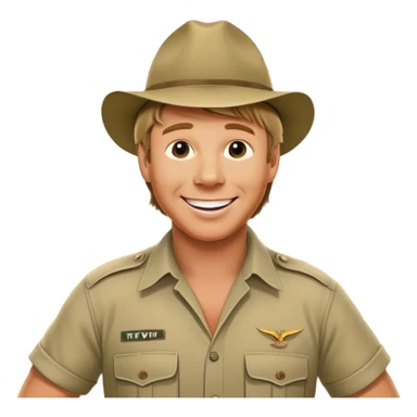 Cinematic Realistic Steve Irwin Portrait Emoji, depicted as a passionate wildlife expert in his signature khaki attire with an enthusiastic smile and a backdrop of the Australian outback, rendered with vibrant textures and dynamic natural lighting that captures his adventurous spirit. sticker