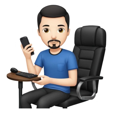 a setup of a youtuber, white skin, thin goatee, black short hair, with a desktop pc on a table, a gaming chair, microphone, no headset phone sticker