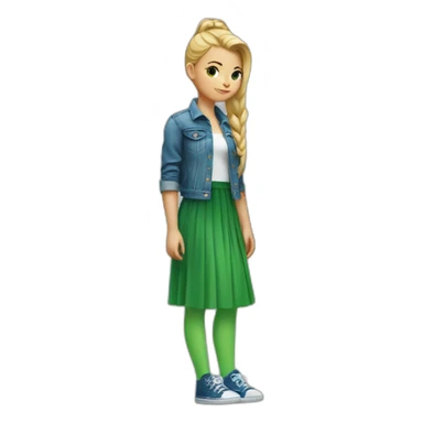 Blonde girl with bang and pony tail, in blue denim jacket, white T-shirt, green tights and elongated blue chiffon skirt sticker