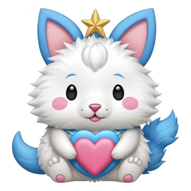 GENERATE ME A MOMONGA WHITE ANIMAL  FROM CHIIKAWA AND PUT A SAKURA FLOWER ON HIS HEAD AND A STAR PELT ON HIS BELLY AND A HEART PURSE ON HIS ARM WITH HIS FACE MAKE HIS TOUNGE STICK OUT WITH A LITTLEPINCH OFDROOL AND MAKE HIM ANIME STYLED ART GIVE HIM A BIG BLUE FLUFFY TAIL sticker