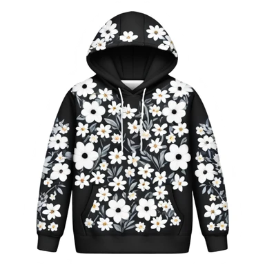 The BLACK Denim Tears Hoodie features a black base with medium-sized black and white flowers. Each flower has a white outer ring with an open, hollow center, giving it a bold and distinctive look. These ring-like floral patterns are scattered across the hoodie, covering the front, sleeves, and hood for a balanced yet eye-catching design. sticker