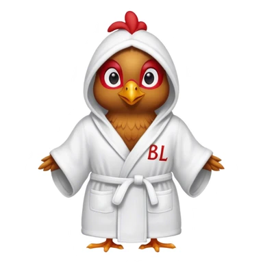 Chicken wearing a bath robe with low red eyes. Robe has letters BLM on it.  sticker