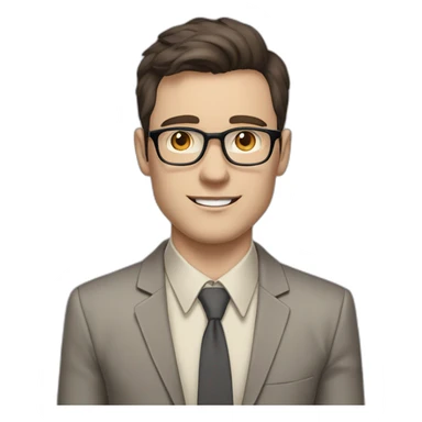 Pale skinned fit man with dark brown hair in gray jacket, beige office shirt, brown tie, brown pants and vintage glasses Writing on the marker board sticker