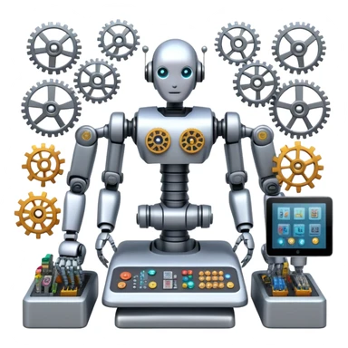 An icon featuring a humanoid robot assembling parts with robotic arms, surrounded by gears, circuit boards, and sensors, symbolizing robotics. The design includes a control panel and AI interface, representing automation, engineering, and innovation. Transparent background. sticker