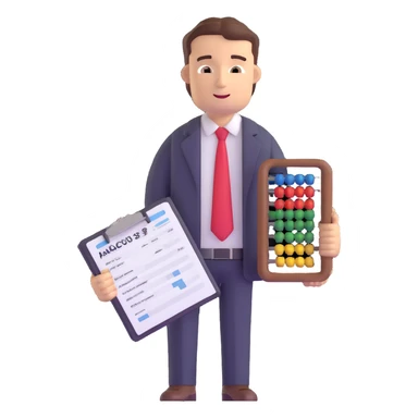 male accountant with tax forms, abacus and spreadsheet sticker