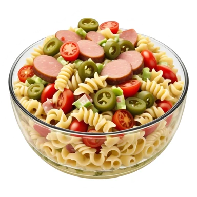 Fusilli pasta salad with chopped pork sausage, chopped gherkins, chopped cocktail tomatoes and mayonnaise sticker