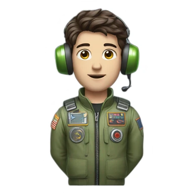 A young white male tennager with dark brown hair and brown eyes in a pilot suit and wearing a green Pilot headset sticker