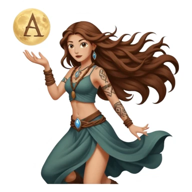 moon druid woman long wavy brown hair tattoos pulling rune card from air sticker