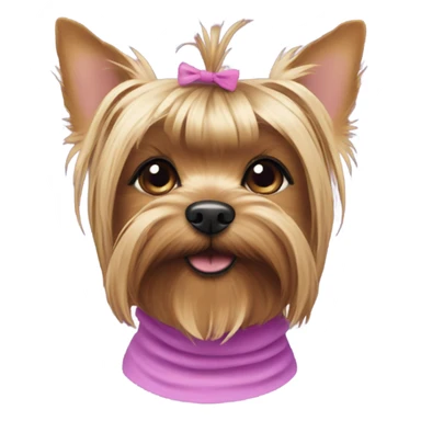 the face of a  Yorkshire Terrier  with a baby face with a ponytail on its head with a purple elastic band and pink short  sticker