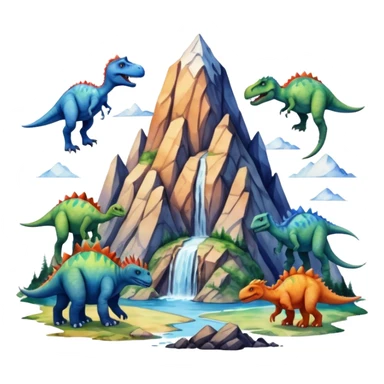 mountian with massive inks on it and many dinosaurs sticker