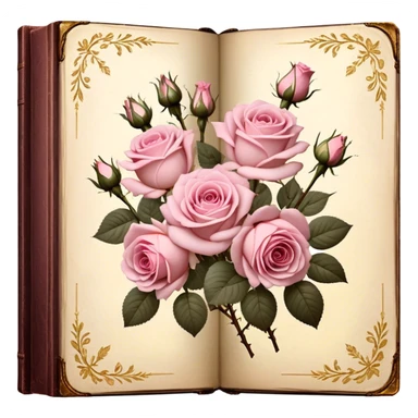 Antique book with pressed light pink roses, golden details on the cover, soft vintage lighting. sticker
