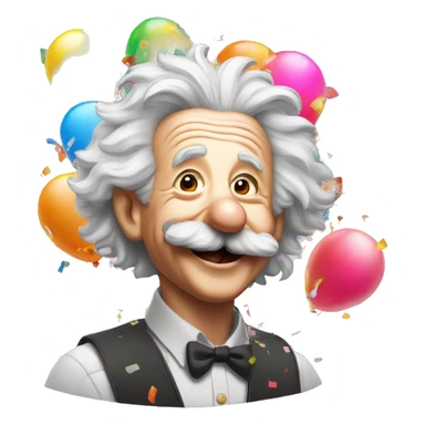 Japoy albert einstein with lots of colourful confetti and party balloons and thumbs up sticker