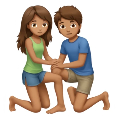 barefooted boy with messy brown hair yellow putting his foot on a kneeling girl sticker