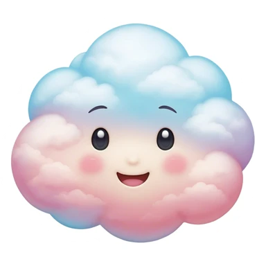 Cinematic round pastel cloud, soft puffy texture, gentle glowing edges, tiny happy face with blushing cheeks, floating in a dreamy sky, warm and magical. sticker