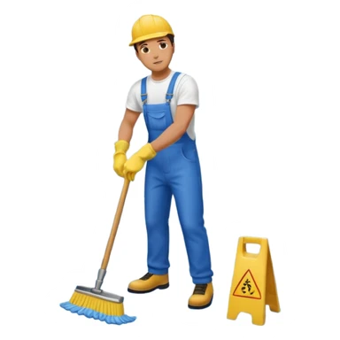 Custodian with yellow rubber gloves, white T-shirt, blue overalls, mopping floor sticker